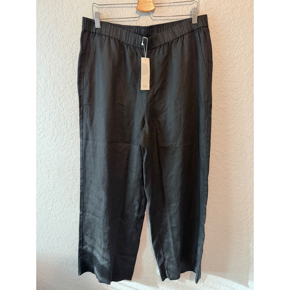 Eileen Fisher Organic Linen Wide Leg Pants Large Minimalist Coastal Black